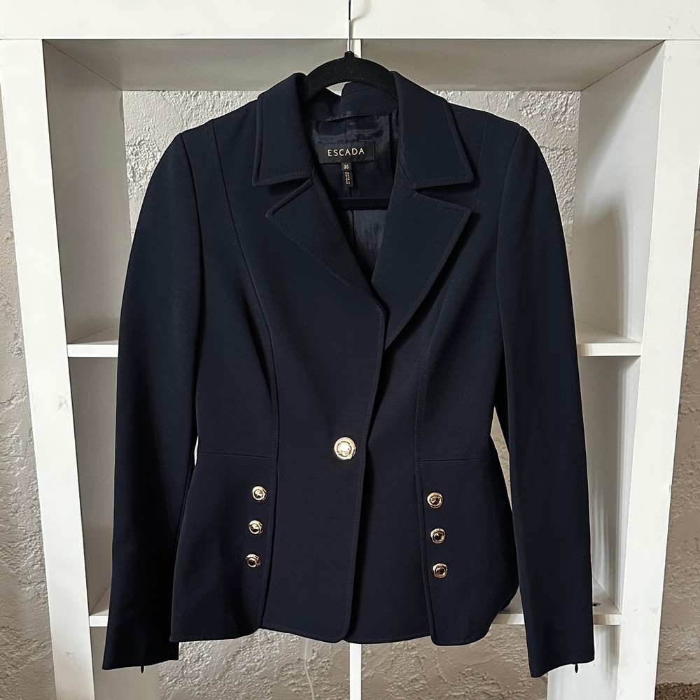 Escada Dark Navy Fitted Blazer with Gold Buttons